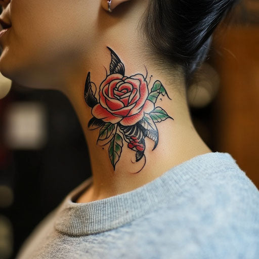 Rose neck tattoo in Sailor Jerry style with traditional roses