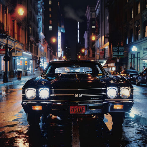 A 1969 Chevrolet Chevelle SS cruising the boulevards of a glamorous city at night with luxury custom interior.