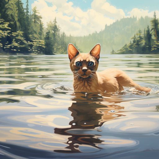 Burmese cat swimming in a lake by the shore