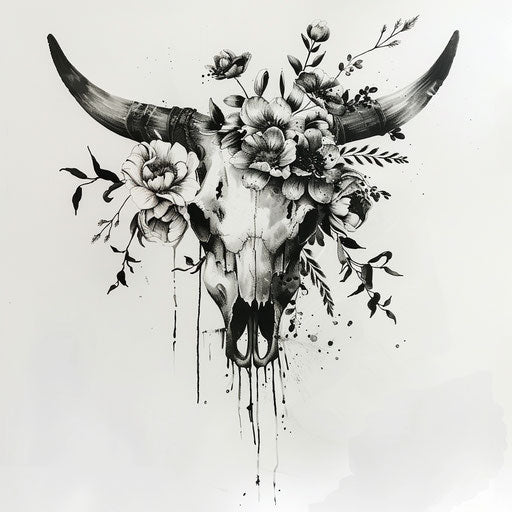 Bull skull tattoo design with rustic and floral elements on white backdrop