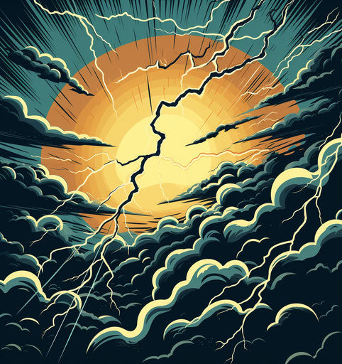 Storm clouds and lightning in retro comic style black, soggy 15:16