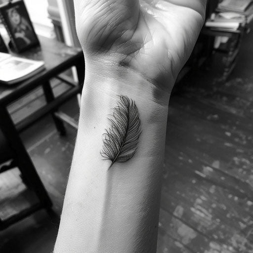Small wrist tattoos of a feather, in the style of Guy Aitchison