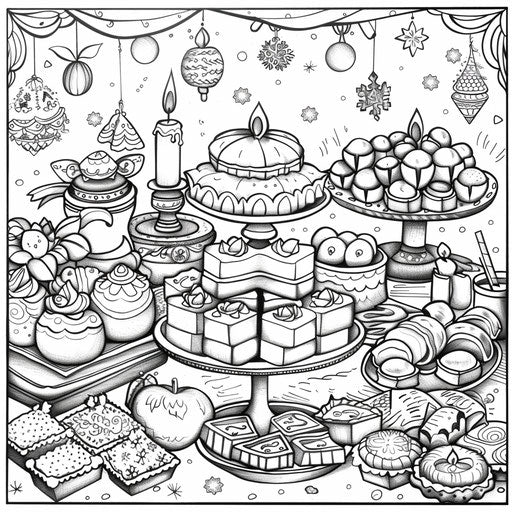 Cartoon Diwali feast of sweets and snacks