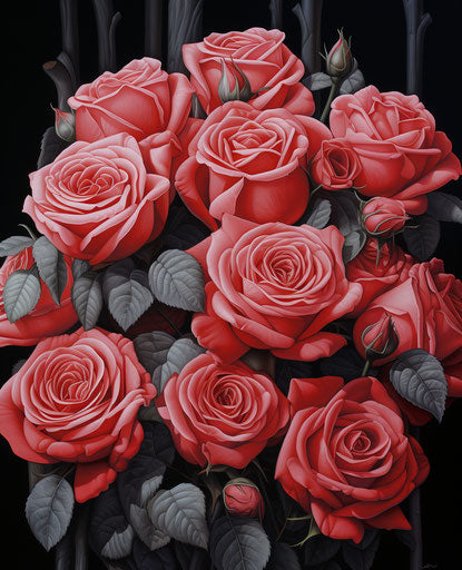 Rose bouquet on gray background, dadaist photomontage style