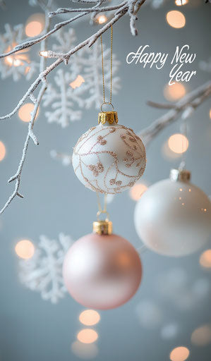 White and gold Christmas tree ornaments on light gray background