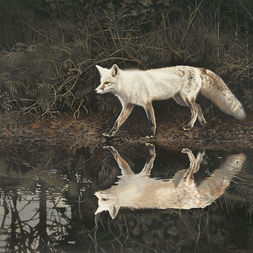 White fox trots along riverbank, reflection doubled