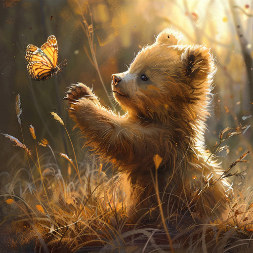 The friendship between a young bear and a butterfly