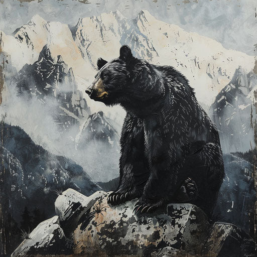 Black bear in front of rugged and majestic mountains
