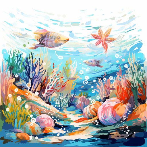 Sea creatures clipart in the style of Impressionistic Art, on a white background
