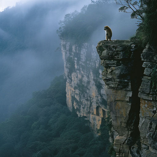 Poignant sight of a Yunnan snub-nosed monkey on misty cliff at dawn