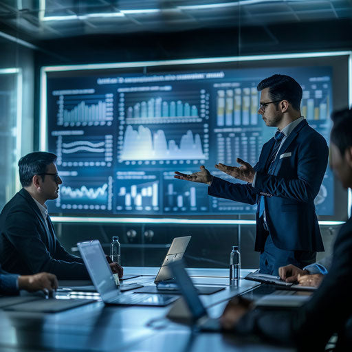 Financial data presentation by professional in high-tech boardroom to executives