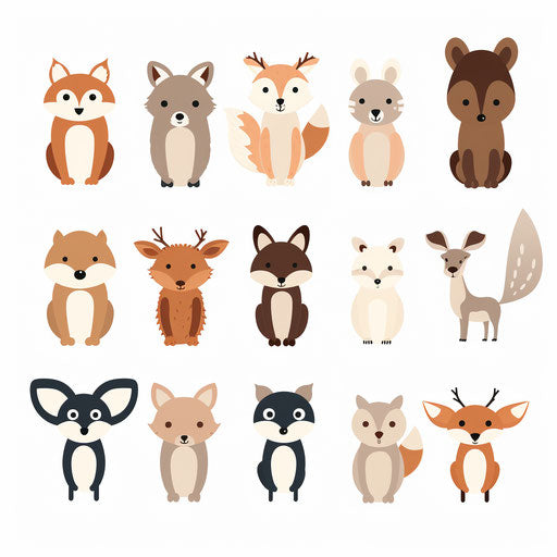 Woodland animals in Minimalist style clipart, on white background