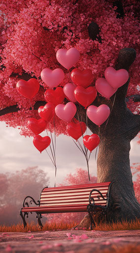 Bench under tree with pink & red hearts