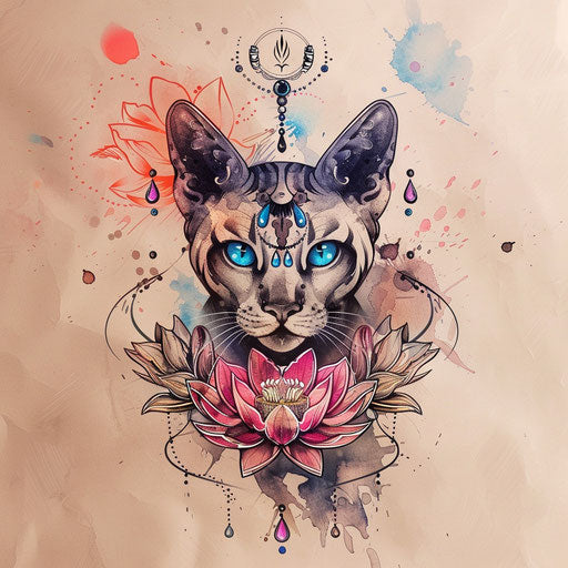 Elegant flat tattoo sketch with watercolor effects of Bastet adorned with lotus flowers