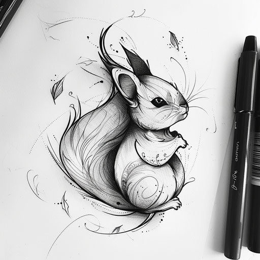 Contemporary flat tattoo sketch of a squirrel in minimalist black and white