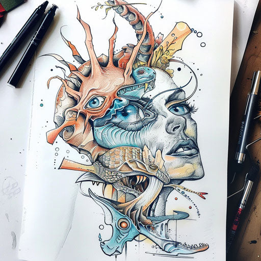 Surrealist tattoo sketch for 666