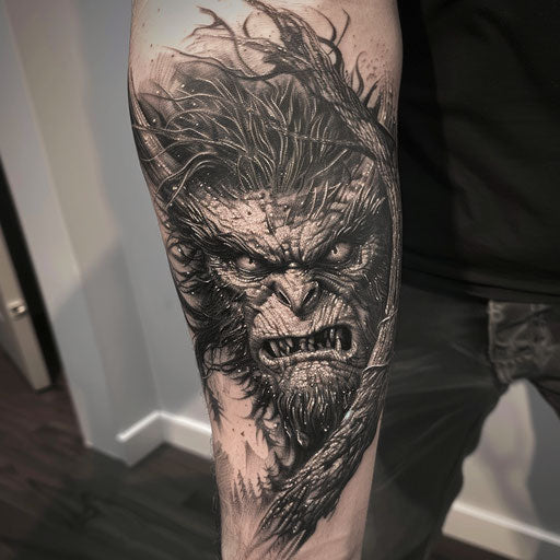 Men's forearm tattoo with fantasy creature