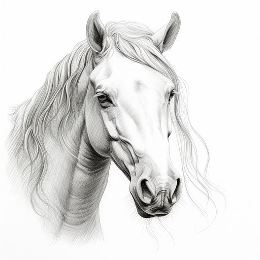 Pencil drawing of a horse, in Anne Stokes style, sparse and simple, heavy inking, pretty
