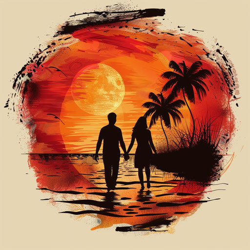 Romantic tattoo sketch of a sunset with silhouettes of a couple holding hands, in red and orange, clipart style