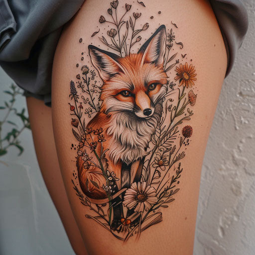 Wildflower tattoo with fox, earthy tones, detailed animal, woodland theme