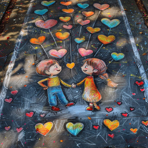 Chalk art of a cartoon couple holding hands