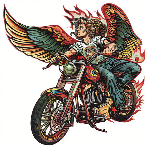 Archangel and classic motorcycle in neo-traditional tattoo