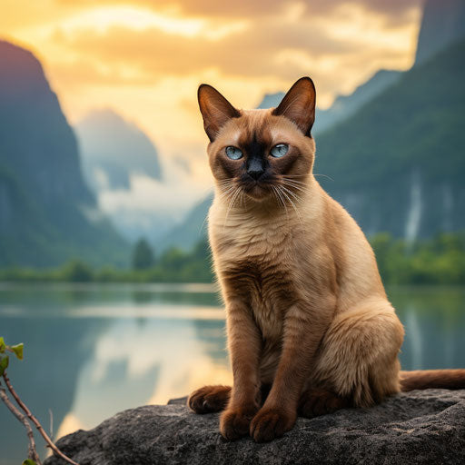 Burmese cat sitting in front of mountain scenery