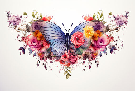 Wing design, ink watercolor, flower hand tattoo