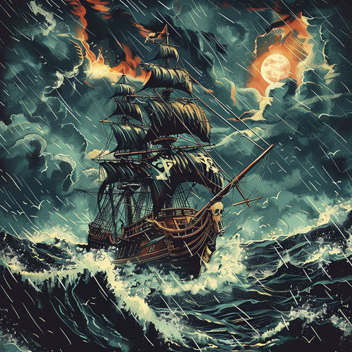 Pirate ship sailing through stormy seas
