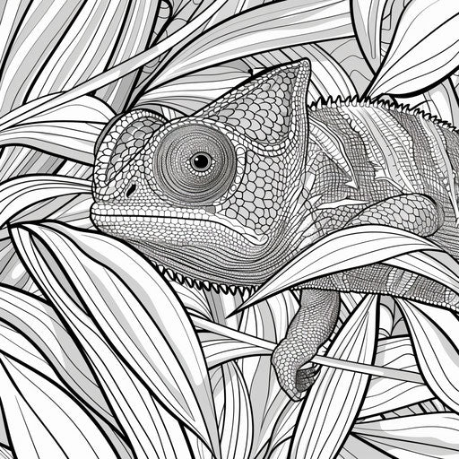 Chameleon blending into tropical leaves. Coloring book page