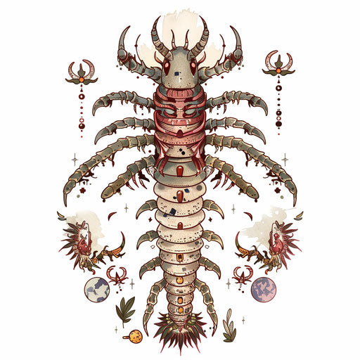 Fantastic centipede tattoo with magical motifs on white background