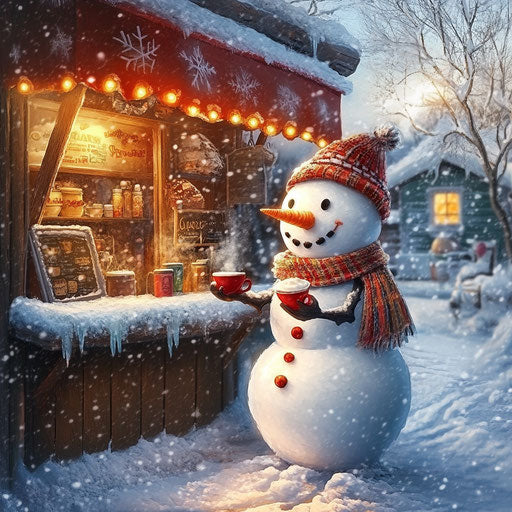The snowman barista serving coffee outside a quaint snow-covered café, with a scarf and a smile.