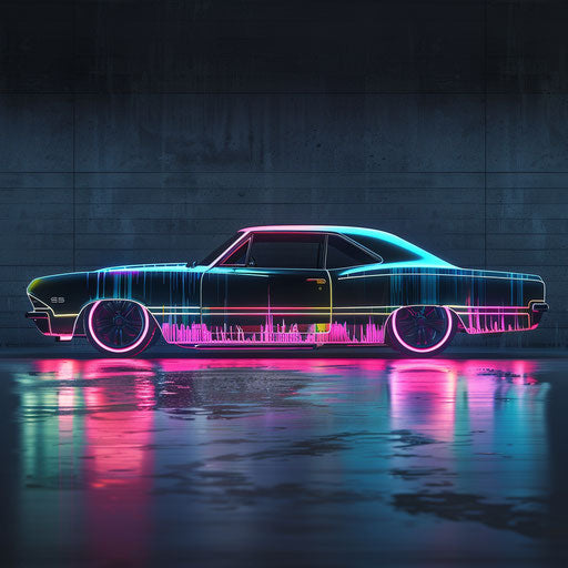 1967 Chevy Bel Air with neon accents and retro-futuristic aesthetic