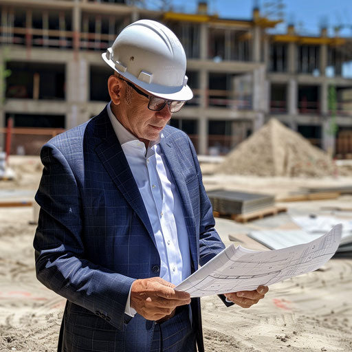 Professional reviewing blueprints at construction site