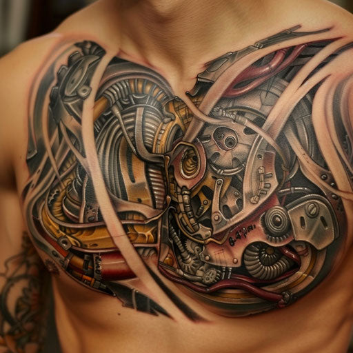 Men's chest tattoo with biomechanical designs