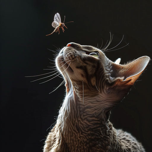Cornish Rex cat staring at an insect