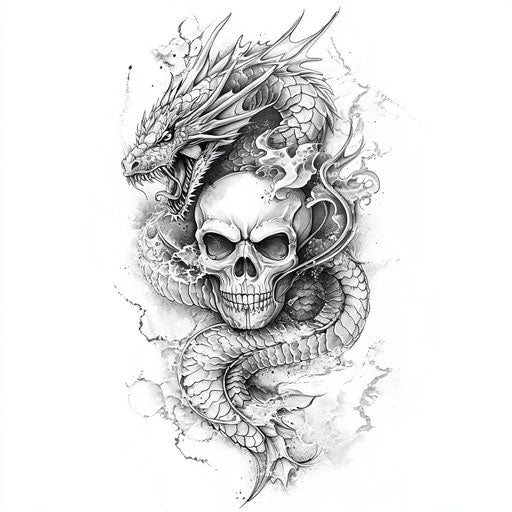 Flat tattoo sketch of thigh tattoos with dragon on skull in grayscale