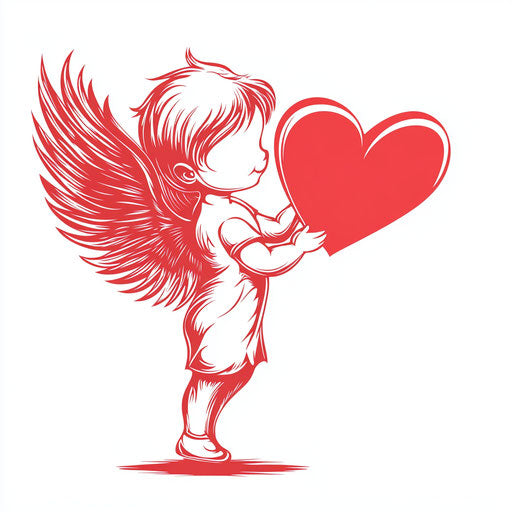 Silhouette of Cupid holding a red heart on white background