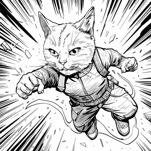 Heroic cat in action pose in the style of Mike Zeck Coloring page