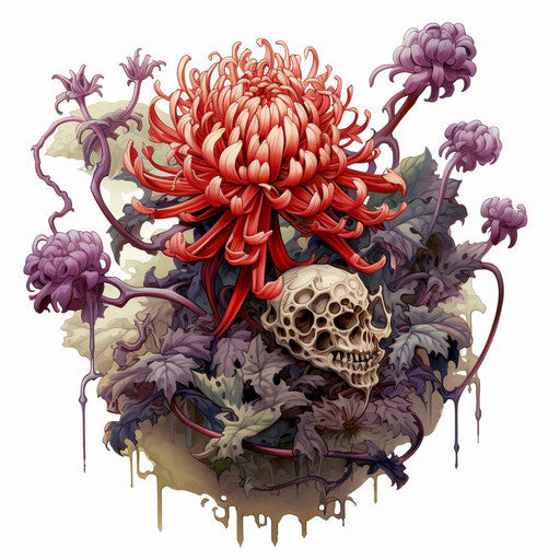 Chrysanthemum flower with red flowers, ink and color style