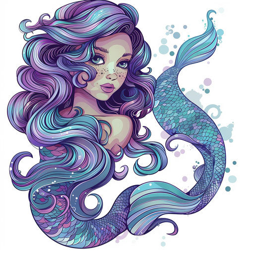 Creative clipart style tattoo sketch of a mermaid with flowing hair, aqua and lilac tones