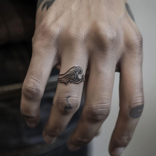 Ring tattoo of a simple wave, Steve Sack style, finger