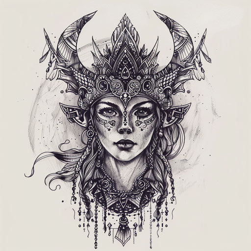 Exotic flat tattoo sketch of Freya adorned with traditional Sami patterns and attire