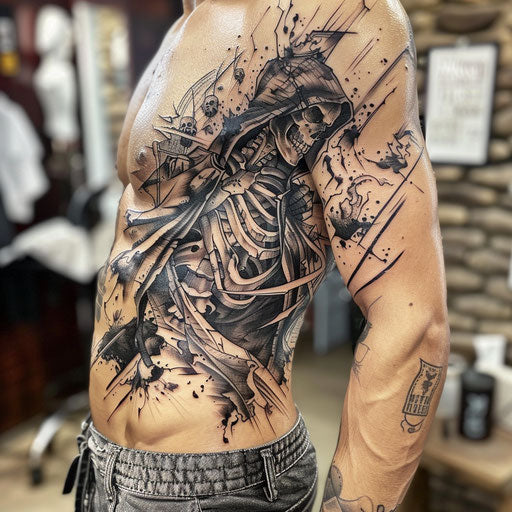 Rib tattoos for men with heroic elements, in the style of Glenn Fabry