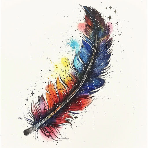 Cosmic feather with stars and nebulae on white canvas
