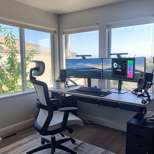 Home office setup with dual monitors, ergonomic chair, and modern desk
