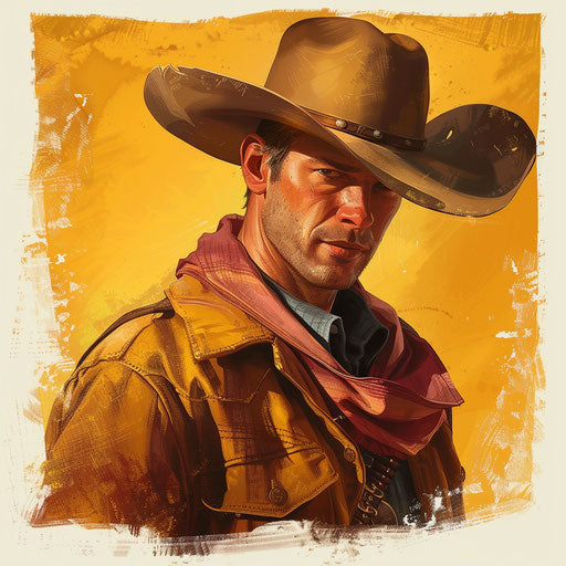 Cowboy clip art in a photorealistic style with a flat random background, high contrast and saturated hues