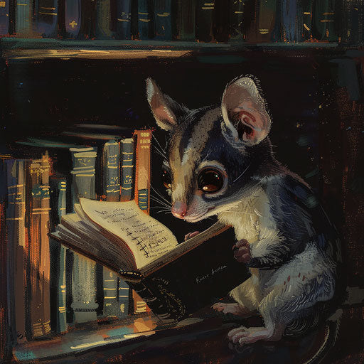 A small flying squirrel explores a library at night