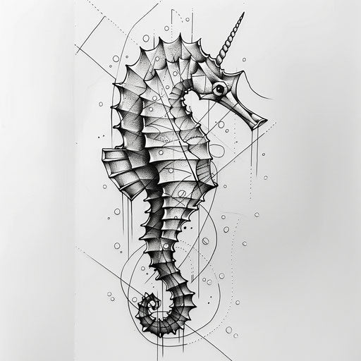 Geometric seahorse tattoo sketch with bold lines