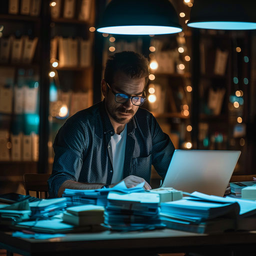 Late-night financial analysis with laptop and stacks of documents